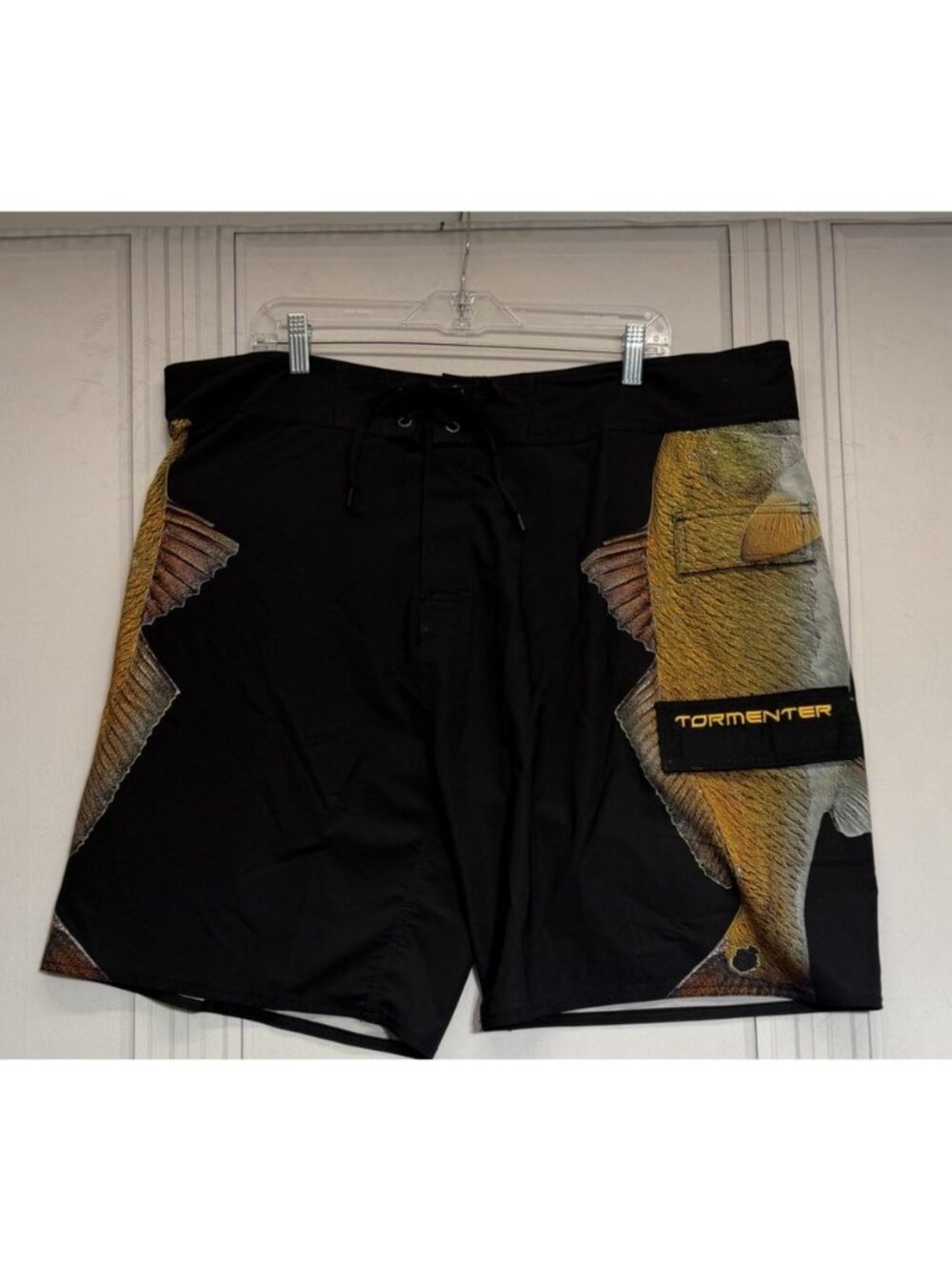 Tormenter Mens Fish Graphic Board Shorts Black Yellow Size 42 Fishing Surf